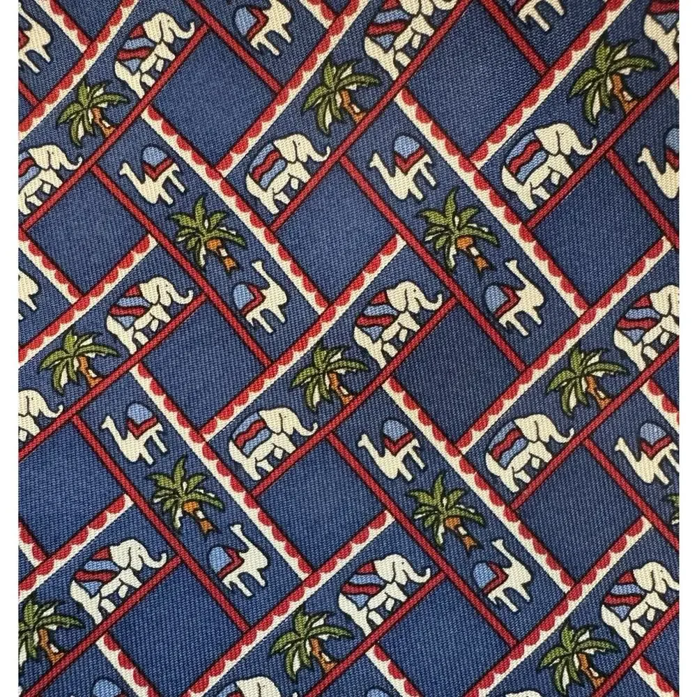 Salvatore Ferragamo Silk Tie Elephants Camels Palms Blue Red Novelty Print Italy